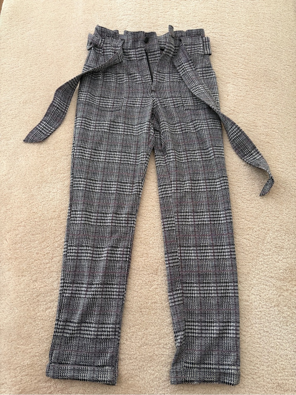 SO Gray Plaid High-Waisted Paperbag Trousers with Pockets and Tie Waistband